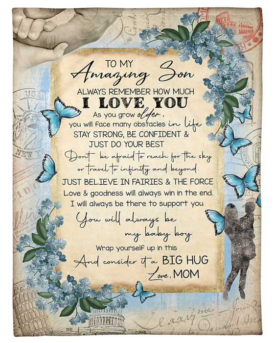 Personalized Blanket To My Son From Mom Always Be My Boy Butterfly & Flower Printed Airmail Style Custom Name