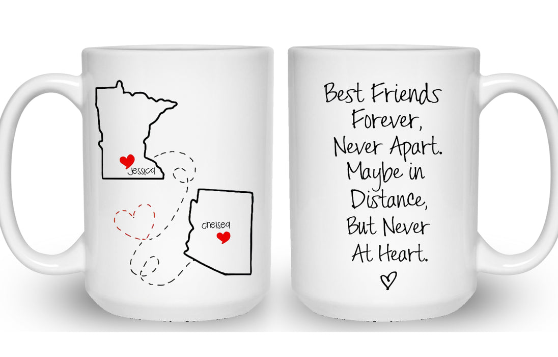 Personalized Coffee Mug For Bestie Sisters Maybe In Distance Never At Heart Custom Name White Cup Long Distance Gifts