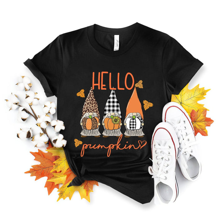 Classic Unisex T-Shirt For Men Women Hello Fall Three Cute Gnomes With Pumpkin And Leaf Printed Fall Shirts