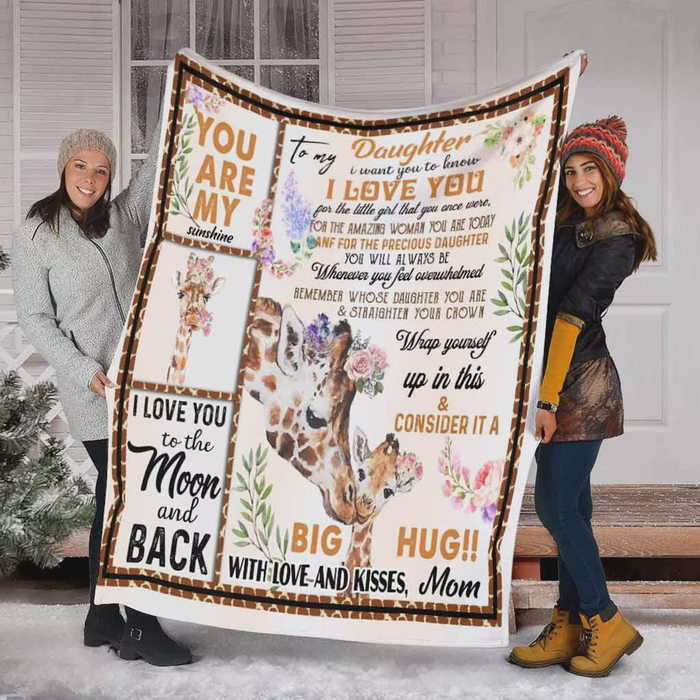 Personalized Fleece Blanket To My Daughter From Mom Rustic Floral & Giraffes Design Print Custom Name Throw Blanket