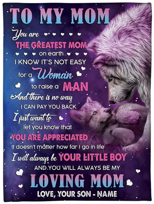 Personalized To My Mom Blanket From Son You Are The Greatest Mom On Earth Old Wolf & Baby Wolf Fleece Blanket