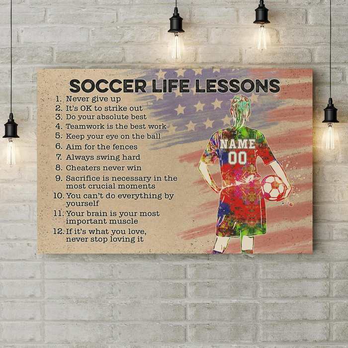 Personalized Matte Canvas For Soccer Lovers Soccer Life Lessons Us Flag & Female Player Printed Custom Name & Number