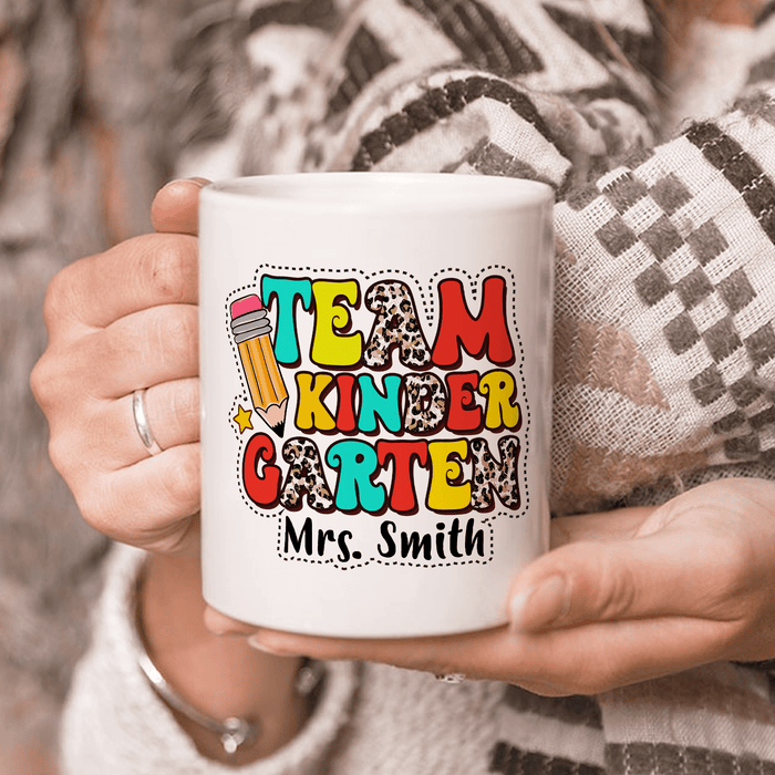 Personalized Coffee Mug For Teacher Team Kindergarten Leopard Pencil Custom Name Ceramic White Cup Back To School Gifts