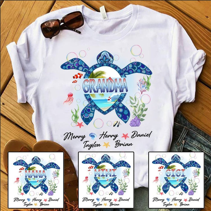 Personalized T-Shirt For Grandma Cute Turtle Printed Monogram Design Custom Grandkids Name Mother'S Day Shirt