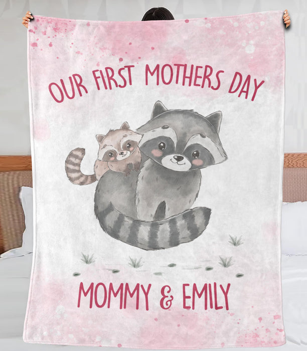 Personalized Premium Pink Blanket For New Mom Our First Mother'S Day Mommy & Daughter Cute Raccoon Printed Custom Name