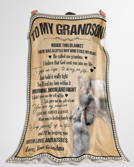 Personalized Blanket To My Grandson From Grandma My Love Old & Baby Wolf Printed Rustic Background Custom Name