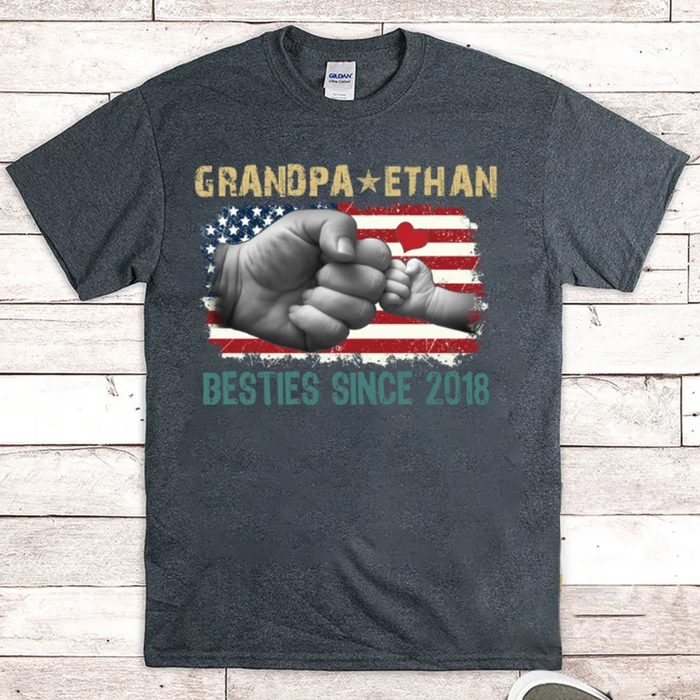 Personalized T-Shirt Grandpa & Grandkid Besties Since Year Cute Fist Bump & Us Flag Printed Custom Name