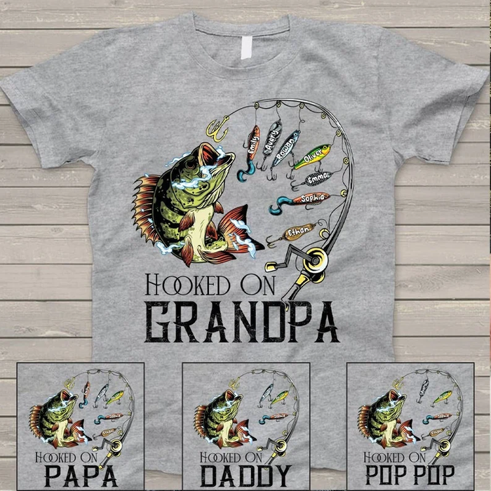 Personalized T-Shirt For Fishing Lovers To Grandpa Hooked On Vintage Fish Printed Custom Grandkids Name