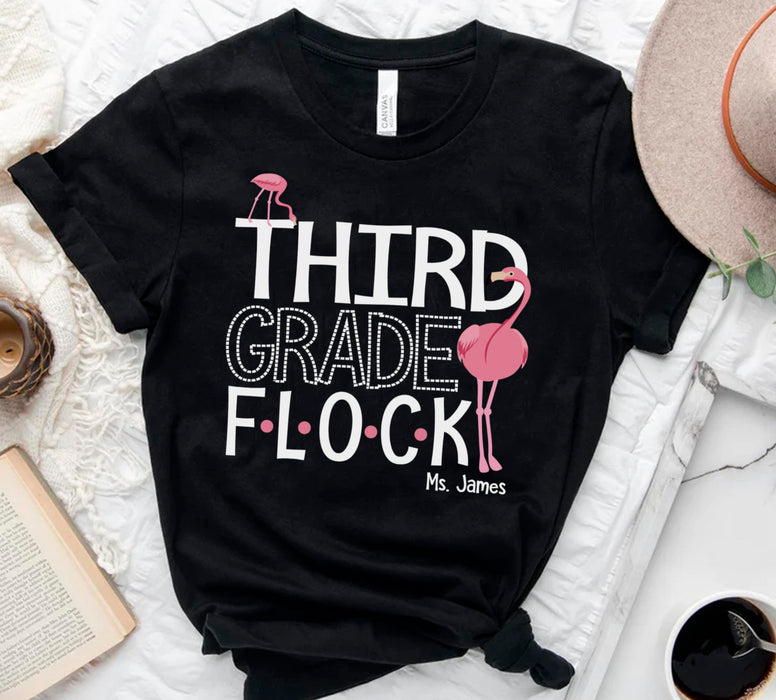 Personalized T-Shirt For Teacher Third Grade Flock Pink Flamingo Printed Custom Name Back To School Outfit