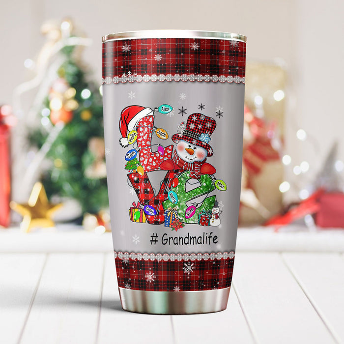 Personalized Tumbler Gifts For Grandma Snowman Xmas Light Red Plaid Custom Grandkids Name Christmas Travel Cup