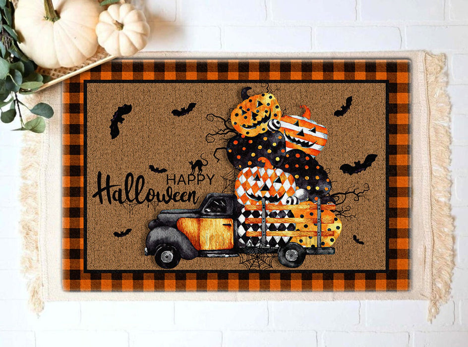 Welcome Doormat Happy Halloween Cute Pumpkin Truck & Bat Printed Polka Dot Stripe Design Plaid Frame Doormat
