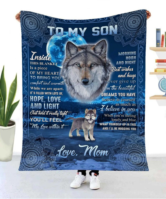 Personalized Fleece Blanket To My Son From Mom You Will Feel My Love Within It Blue Wolf Face And Moon Mandala Blanket