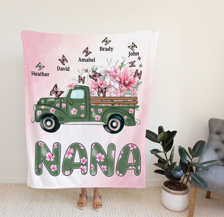 Personalized To My Grandma Blanket From Grandkids Nana Spring Truck With Butterflies Custom Name Gifts For Christmas