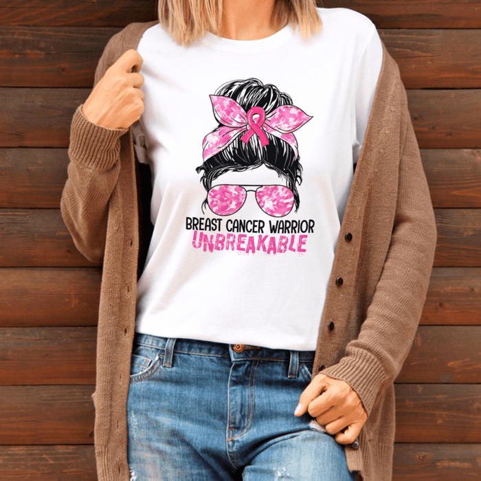 Breast Cancer Awareness T-Shirt For Girl Women Messy Bun Pink Hair Ribbon Shirt For Cancer Support Inspirational Gifts