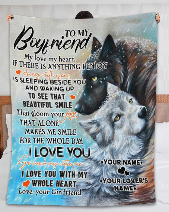 Personalized To My Boyfriend Blanket From Girlfriend Hugging Wolf In Snow Love You With My Whole Heart Custom Name