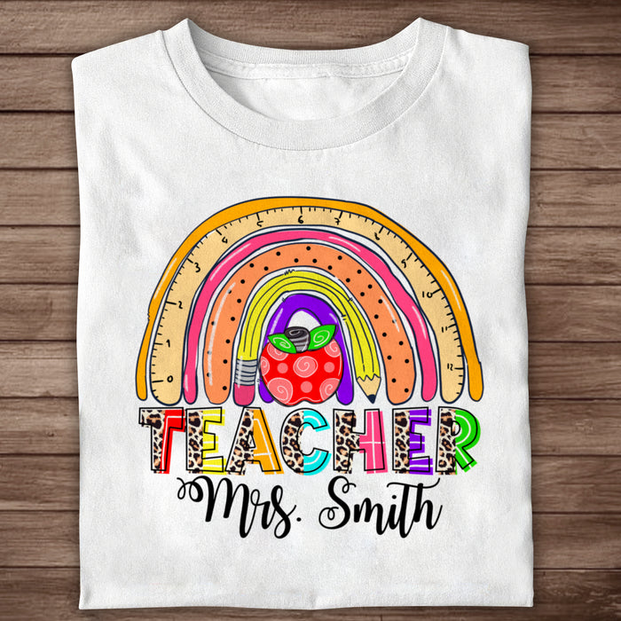 Personalized T-Shirt For Teachers Rainbow & Leopard Design School Supplies Print Custom Name Back To School Outfit