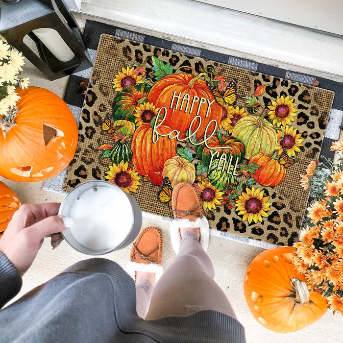 Welcome Doormat For Fall Doormat Happy Fall Y'all Pumpkin Sunflower & Butterfly Printed Leopard Colorful Design