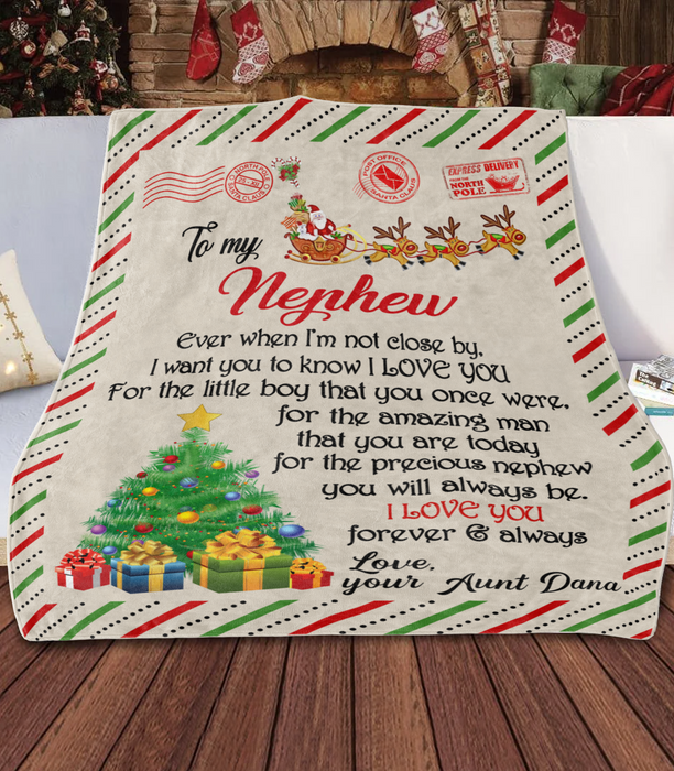 Personalized To My Nephew Blanket From Auntie Uncle Reindeer Lover Letter Xmas Pine Tree Custom Name Gifts For Christmas