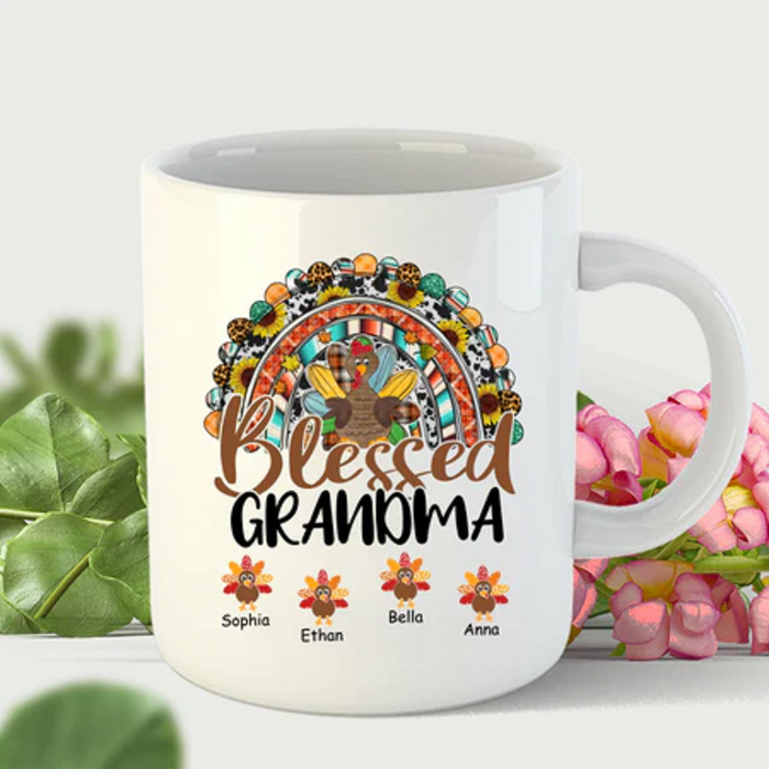 Personalized Coffee Mug Gifts For Grandma Blessed Nana Turkey Sunflowers Custom Grandkids Name Thanksgiving White Cup