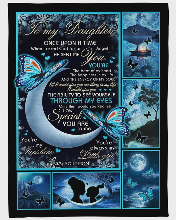 Personalized Blanket To My Daughter From Mom Butterfly Design Crescent Moon Print Star Night Background Custom Name