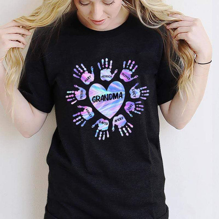 Personalized T-Shirt For Mom Grandma Heart Handprints Printed Colorful Design Custom Grandkids Name Mother'S Day Shirt