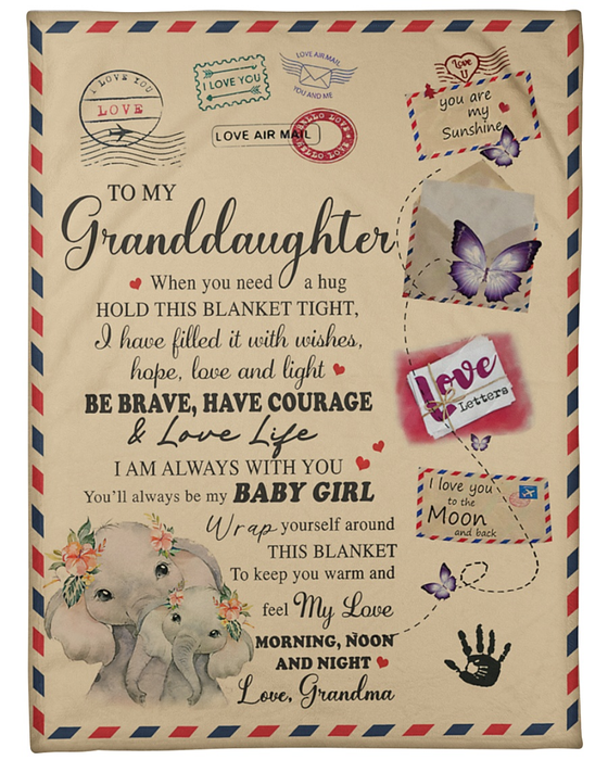 Personalized Blanket To My Granddaughter From Grandma Old & Baby Elephant Print Airmail Rustic Design Custom Name