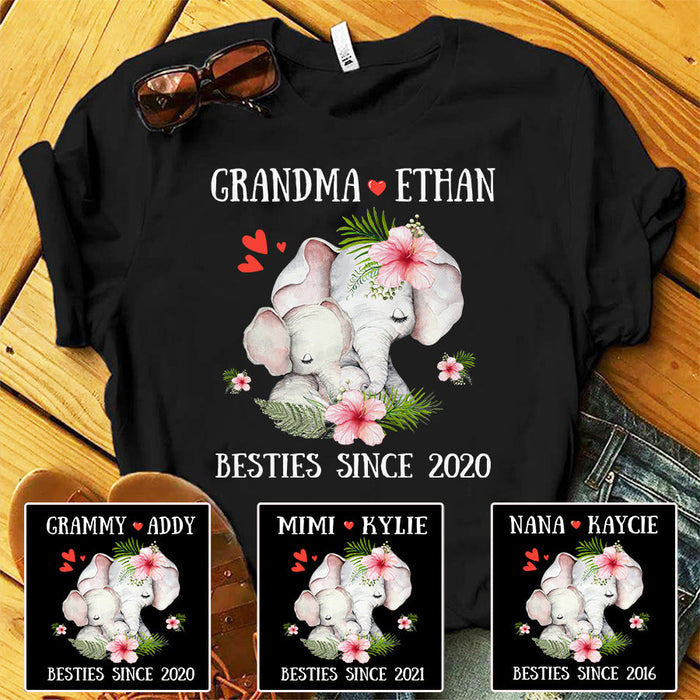 Personalized T-Shirt For Grandma Cute Elephants & Flower Printed Custom Grandkids Name Bestie Since Year Shirt