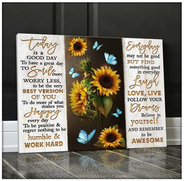 Matte Canvas To Day Is A Good Day To Smile More Worry Less Sunflower & Butterfly Motivate Canvas Wooden Background