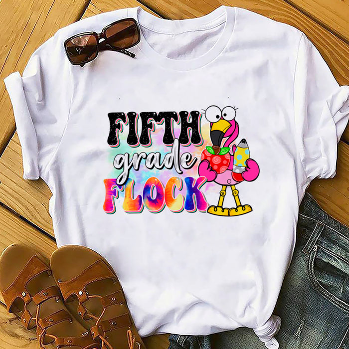 Personalized T-Shirt For Teachers Fifth Grade Flock Colorful Design Flamingo Print Custom Name Back To School Outfit