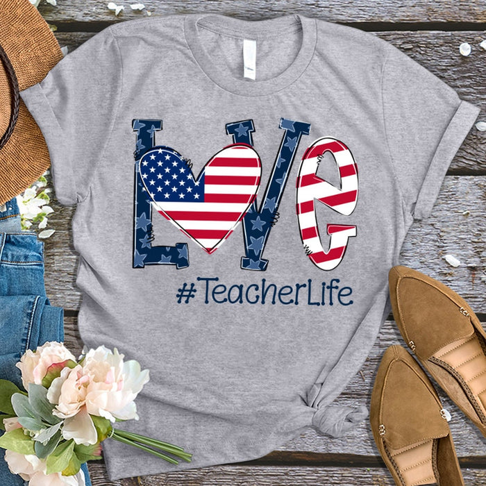 Personalized T-Shirt For Teacher Love Teacher Life Patriotic USA Heart Custom Hashtag Shirt Gifts For Back To School