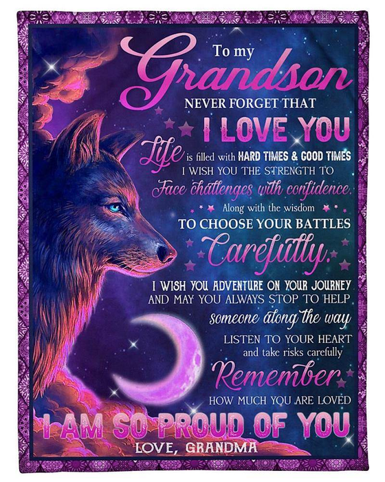 Personalized Fleece Blankets To My Grandson From Grandma Proud Of You Purple Moon Design Wolf Printed Custom Name