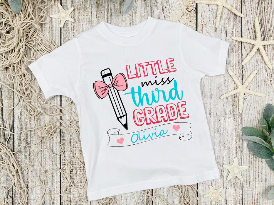 Personalized T-Shirt For Kids Little Miss Third Grade Custom Name And Level Cute Pencil Printed Back To School Outfit