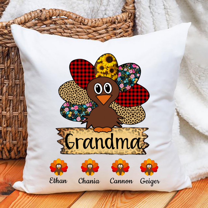Personalized Square Pillow For Grandma Red Plaid Leopard Turkey Fall Custom Grandkids Name Sofa Cushion Christmas Gifts