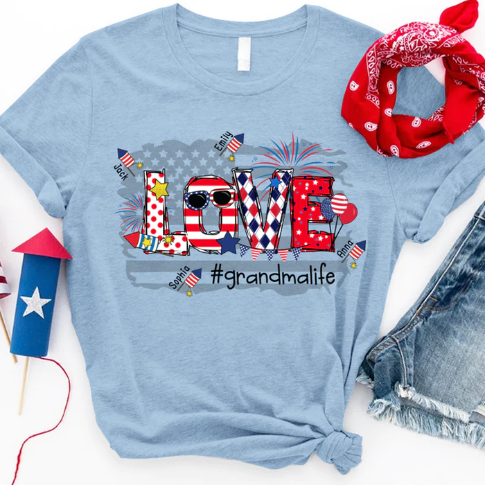 Personalized T-Shirt For Grandma Love Colorful USA Flag Design Custom Grandkids Name & Hashtag 4th Of July Shirt