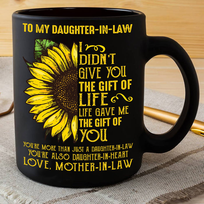 Personalized Coffee Mug For Daughter In Law Haft Sunflower You're Also In My Heart Custom Name Black Cup Birthday Gifts
