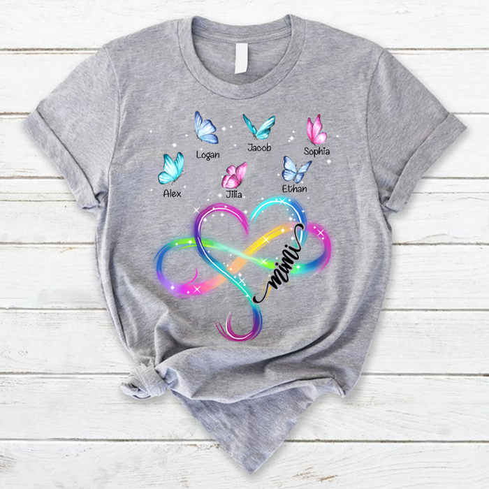 Personalized T-Shirt For Grandma Colorful Heart With Infinity Symbol & Butterfly Printed Custom Grandkids Name