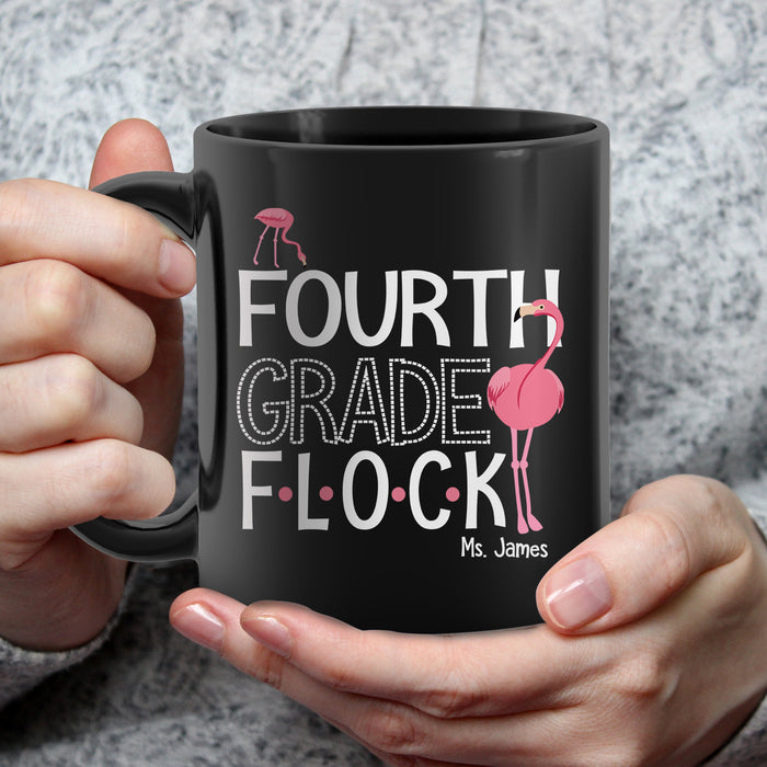 Personalized Black Ceramic Mug Fourth Grade Flock Flamingo Print Custom Name & Grade Level 11 15oz Back To School Cup