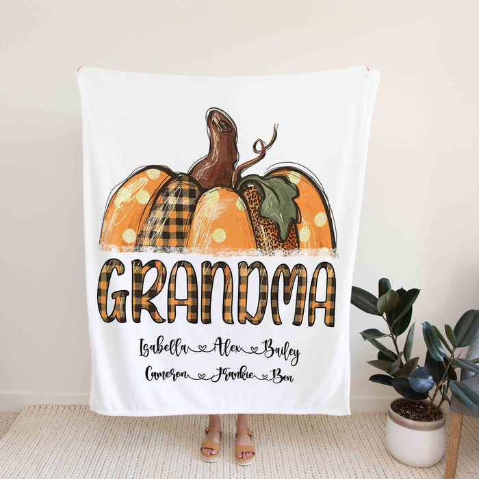 Personalized To My Grandma Blanket From Grandkids Pumpkin Leopard Buffalo Plaid Fall Custom Name Gifts For Thanksgiving