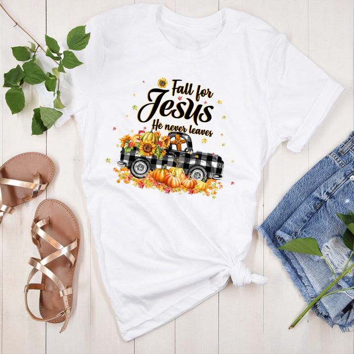 Classic T-Shirt For Christian Lovers Fall For Jesus He Never Leaves Plaid Pumpkin Truck Sunflower & Christ Cross Printed