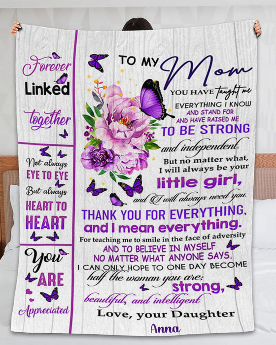 Personalized To My Mom Blanket From Daughter Forever Linked Purple Butterfly & Flower Design Custom Name