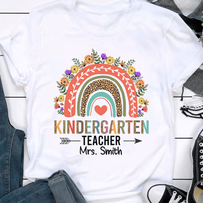 Personalized T-Shirt For Teachers Kindergarten Colorful Leopard & Flower Design Custom Name Back To School Outfit