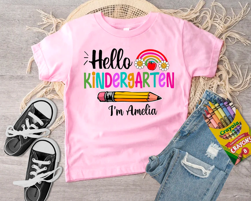 Personalized T-Shirt For Kid Hello Kindergarten Colorful Design Apple Daisy Print Custom Name Back To School Outfit