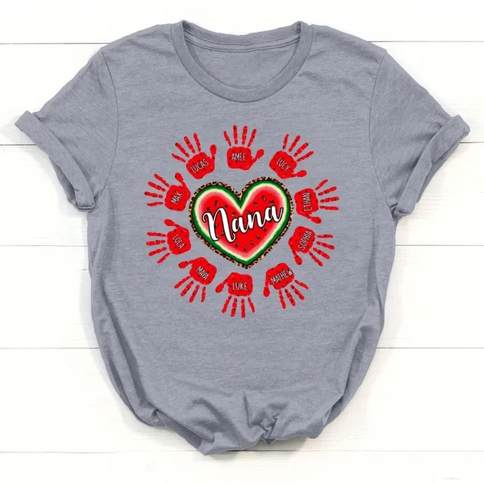 Personalized T-Shirt For Grandma Watermelon Heart Design Leopard Style Handprint Printed Custom Grandkids Name