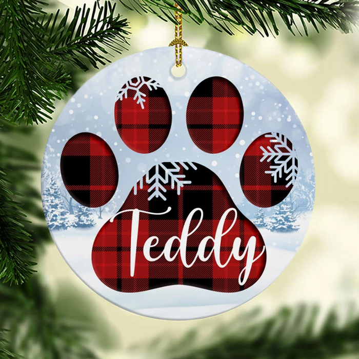 Personalized Ceramic Ornament For Dog Lovers Cute Paw Prints & Snowflake Printed Plaid Design Custom Dog's Name