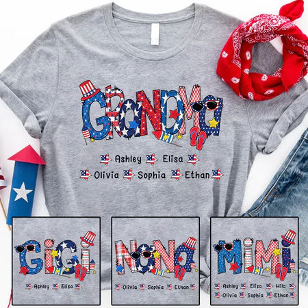 Personalized T-Shirt For Grandma Sunglasses & Hat Print USA Flag Design Custom Grandkids Name 4th Of July Shirt