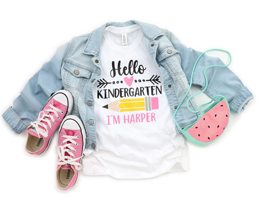 Personalized T-Shirt For Kid Hello Kindergarten I'm Harper Heart & Pencil Print Custom Name Back To School Outfit