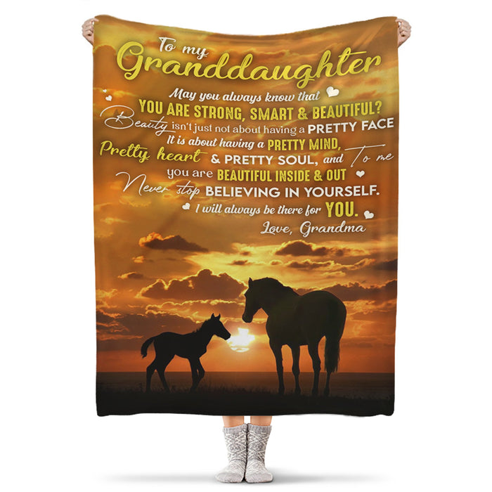 Personalized To My Granddaughter Blanket From Grandma You Are Strong Smart And Beautiful Old Horse & Baby Horse Printed