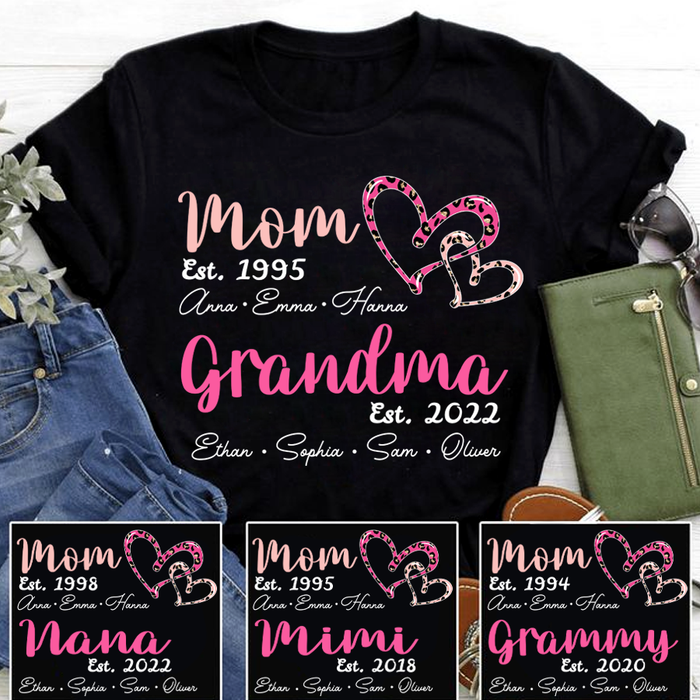 Personalized T-Shirt Mom Grandma Est. Year Cute Hearts Printed Custom Year & Grandkids Name Mother'S Day Shirt