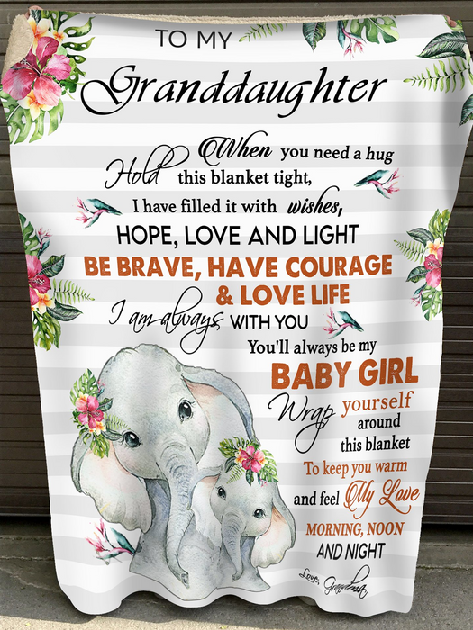 Personalized Lovely Fleece Blanket To My Granddaughter Rustic Floral & Elephants Hug Print Custom Name Blankets