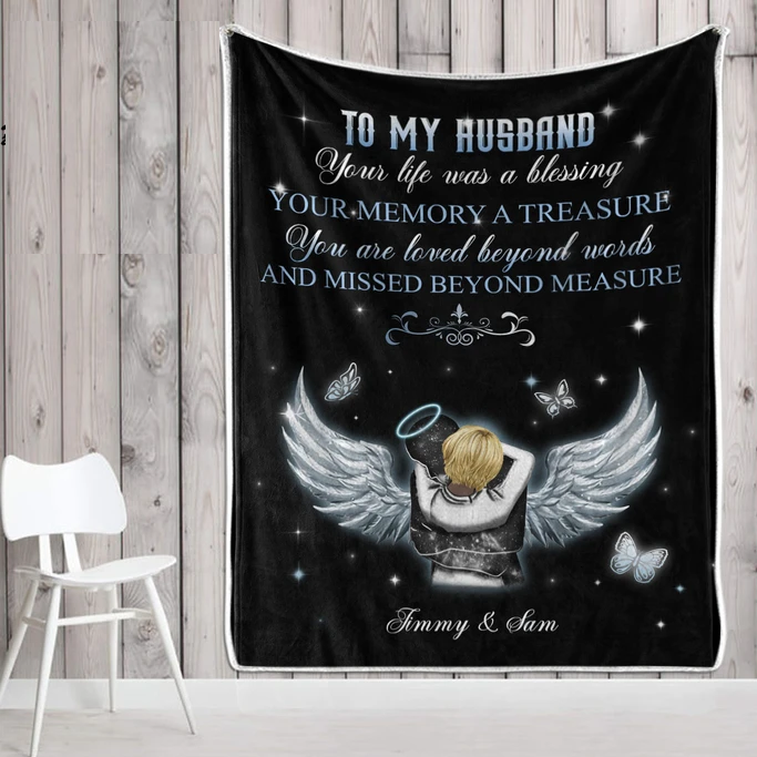 Personalized Memorial Blanket To My Husband With Wings Your Memory Is A Treasure From Wife Custom Couple Name